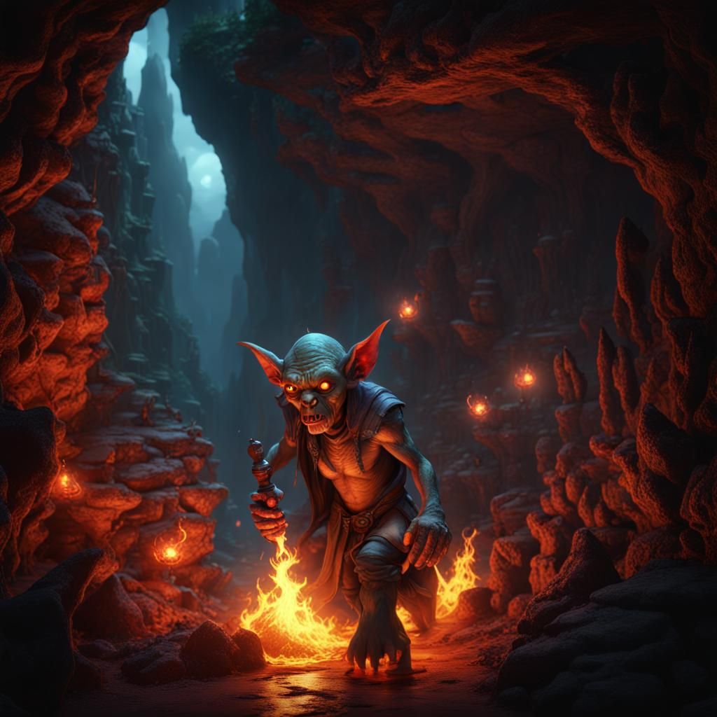 Wizard Goblin Casting Fireball in Cave, Detailed Matte Paint...