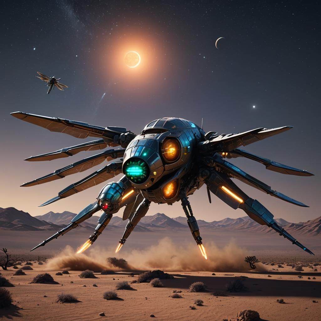 Dragonfly Spaceship Landing on Desert Night: Sci-Fi 3D Rende...