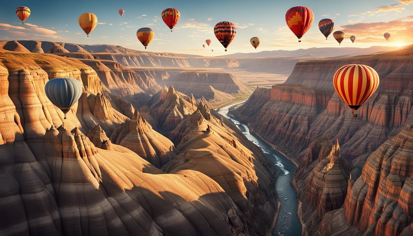 Hot Air Balloons Over Canyon at Golden Hour