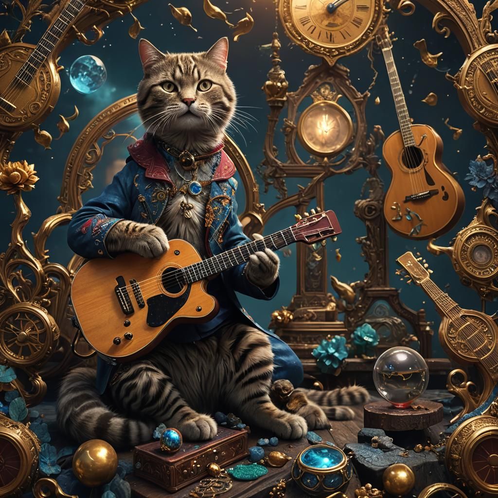 Cat Playing Guitar in Detailed Fantasy Art
