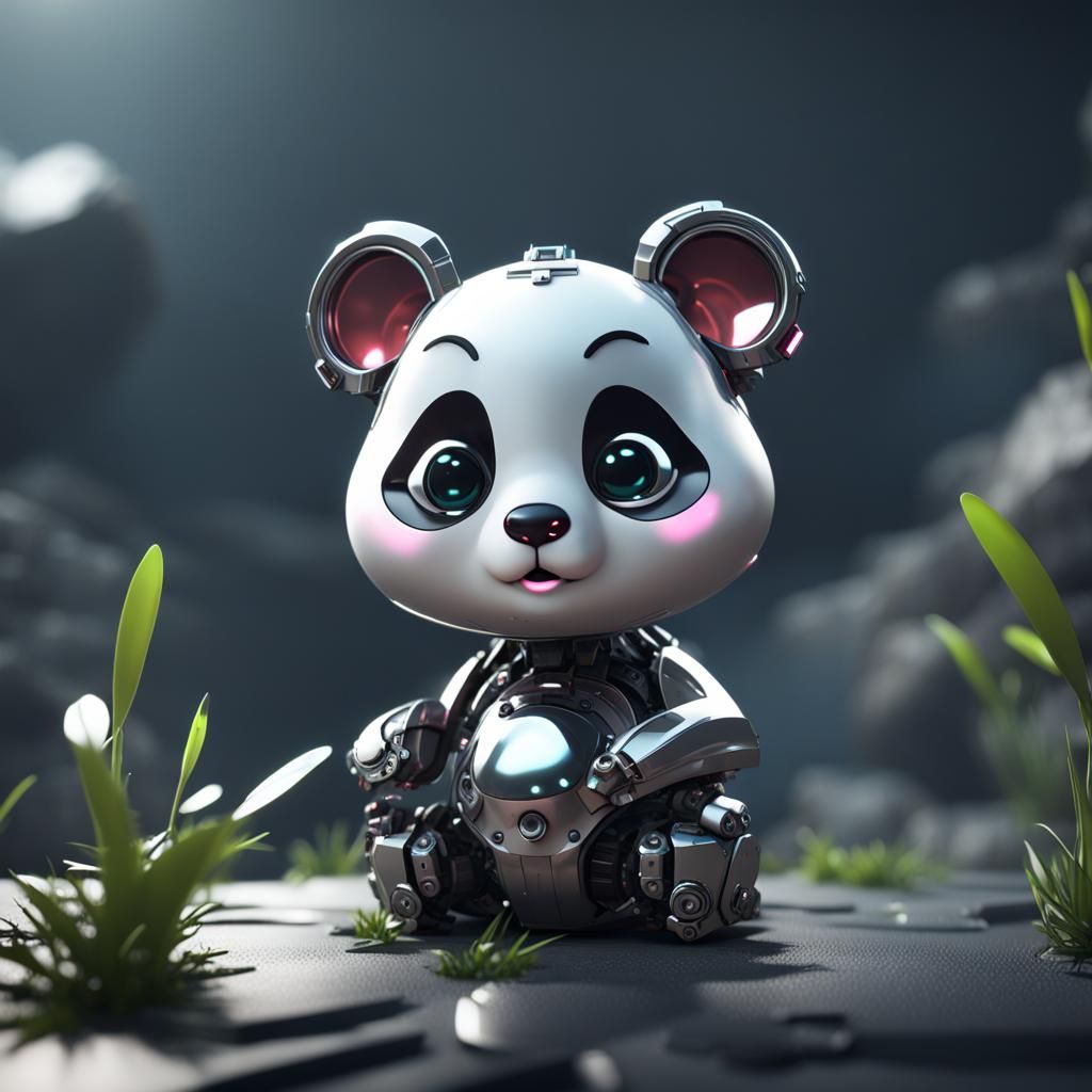 Crying Panda Mech Baby on Minnie Mouse, Sci-Fi Art