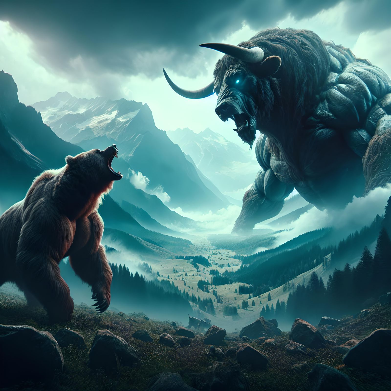 Epic Battle: Bear Versus Bull in Maximalist Style