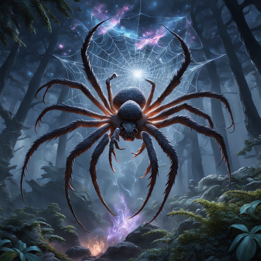 Ethereal Spider-Dragon Weaves Galaxy Web in Misty Forest