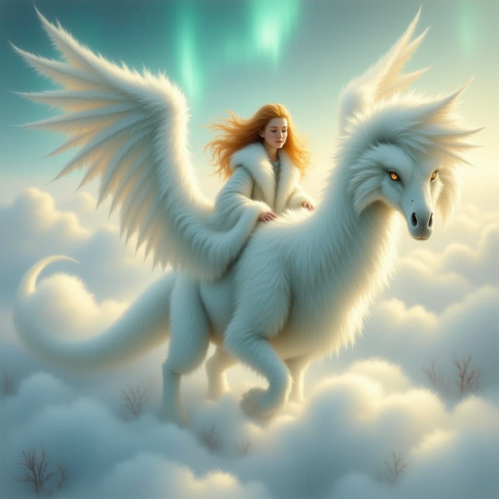 Ice Princess on Dragon Amidst Northern Lights