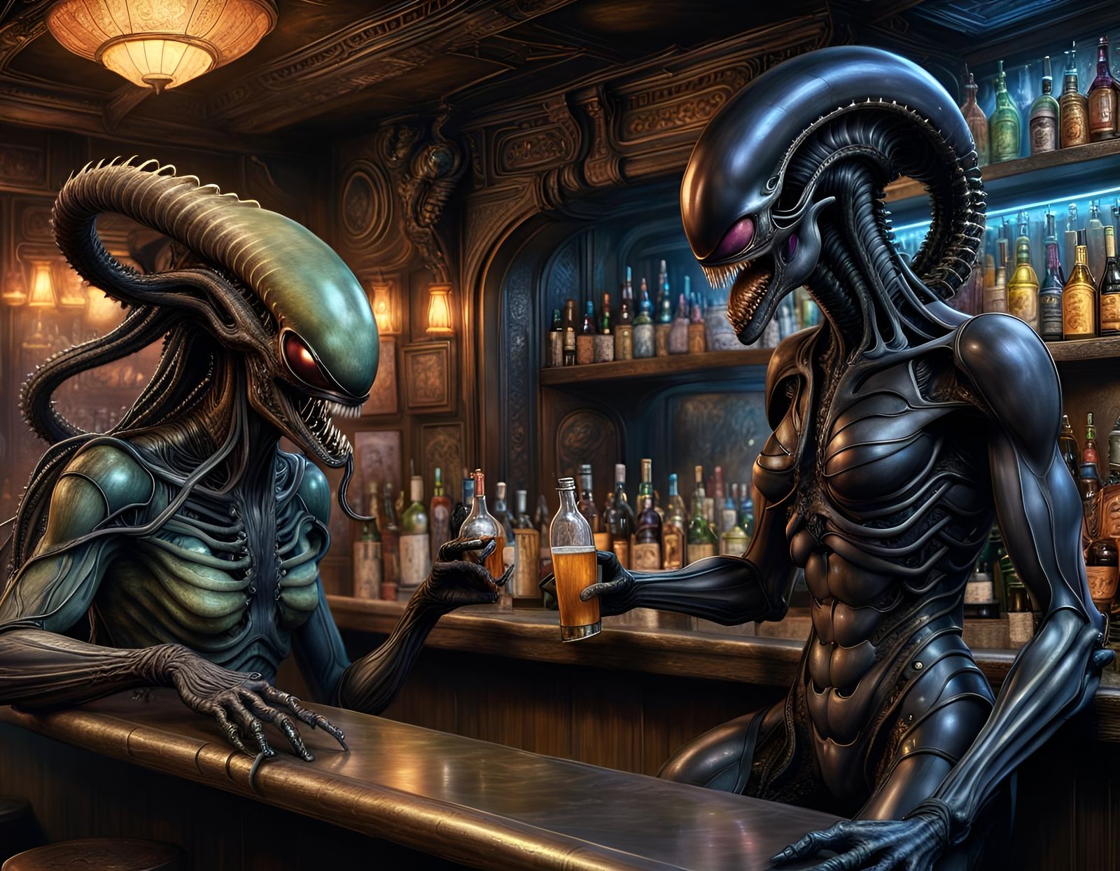 Monsters Collide: A Surreal Bar Scene in Digital Art