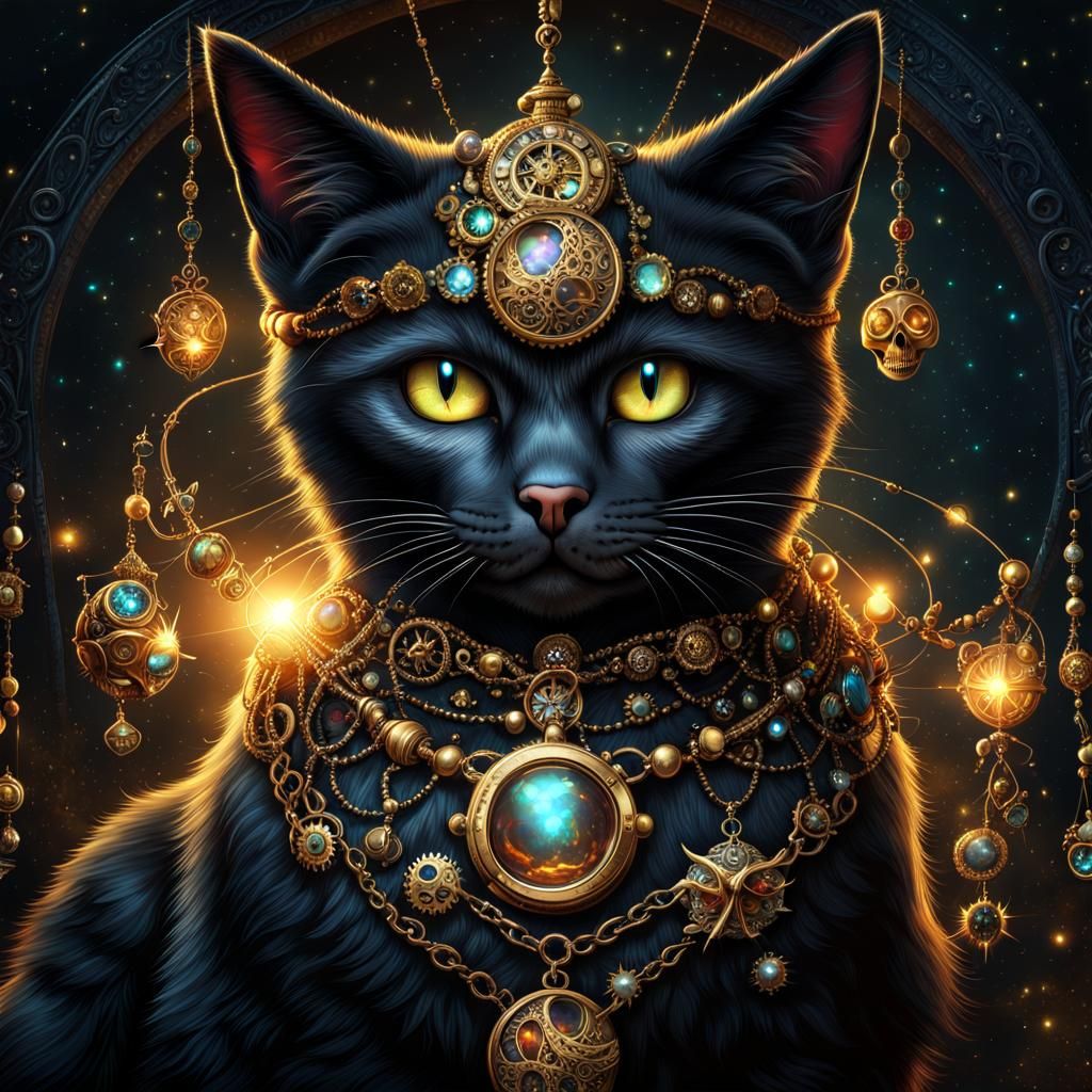 Holographic Steampunk Cat with Gold Jewelry