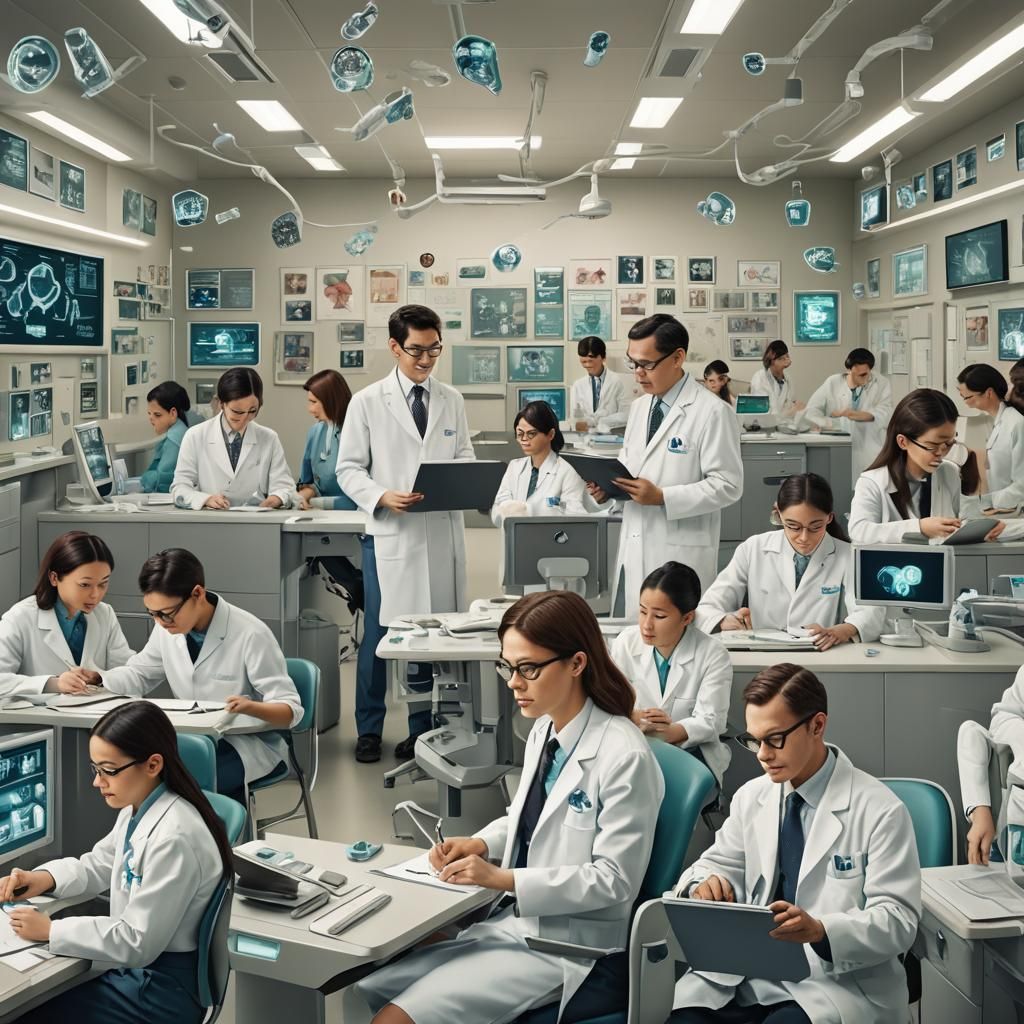 Futuristic School Scene with Medical and Legal Elements