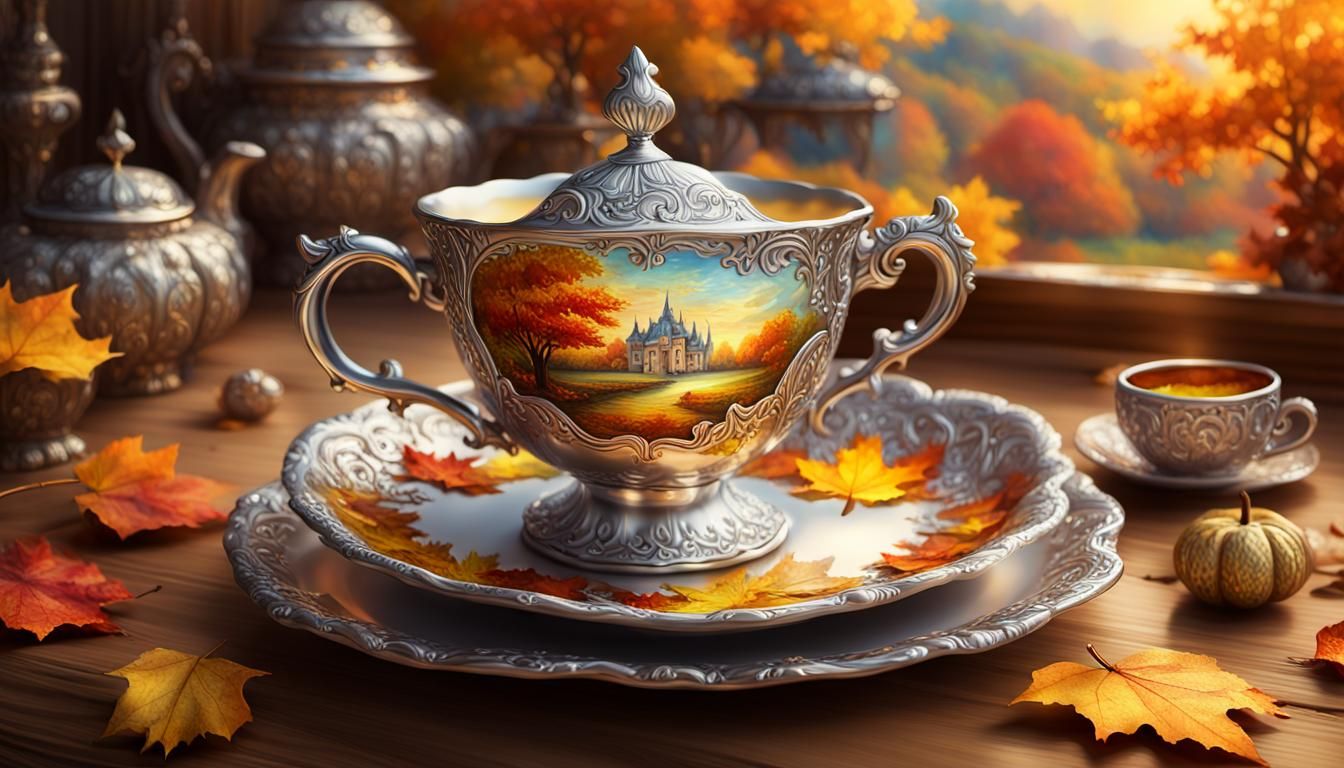 A fantastical digital painting features an ornate silver large teacup placed centrally on a wooden surface. The teacup's...