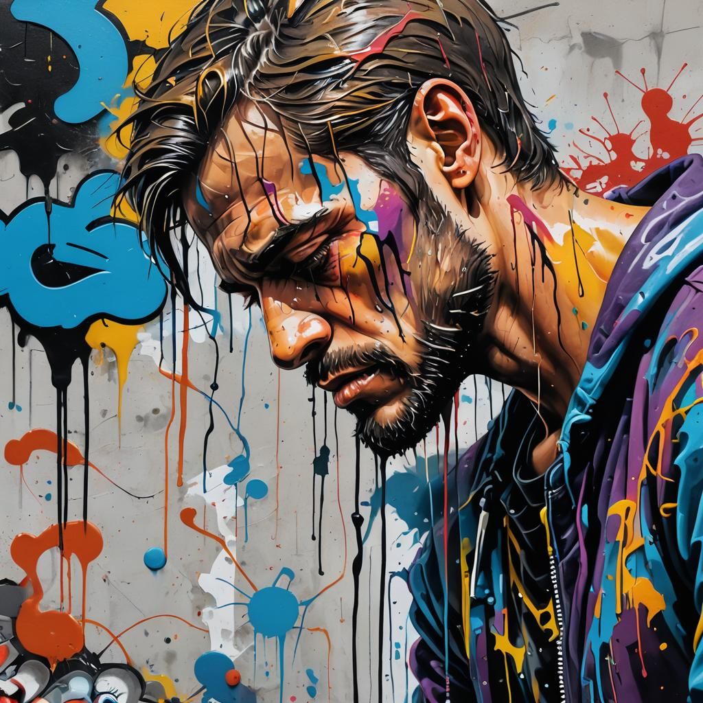 Tired Man in Graffiti Street Art Style