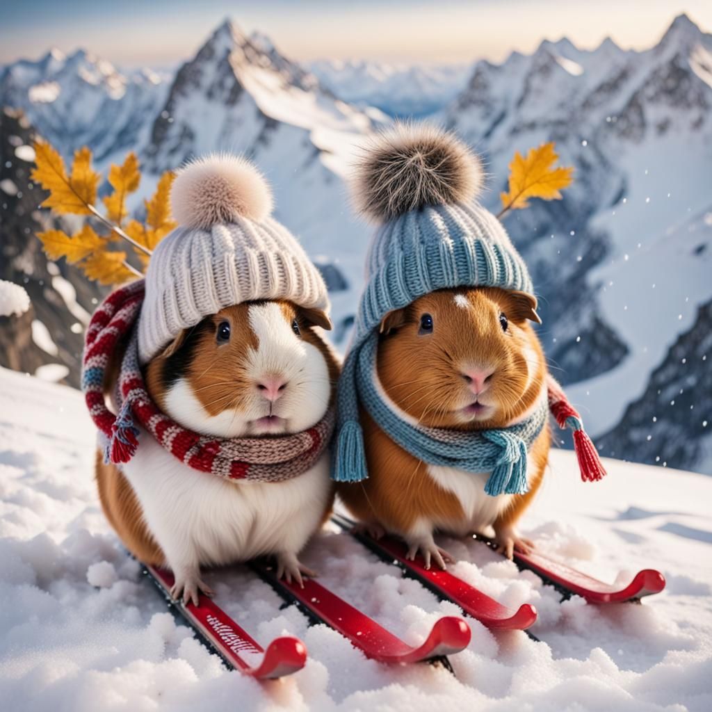 Cute Guinea Pigs Skiing in the Alps in Winter Wonderland