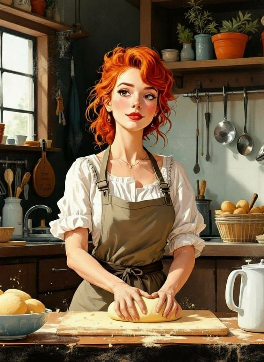 1950s Redhead Baker Kneading Dough in Cheerful Kitchen