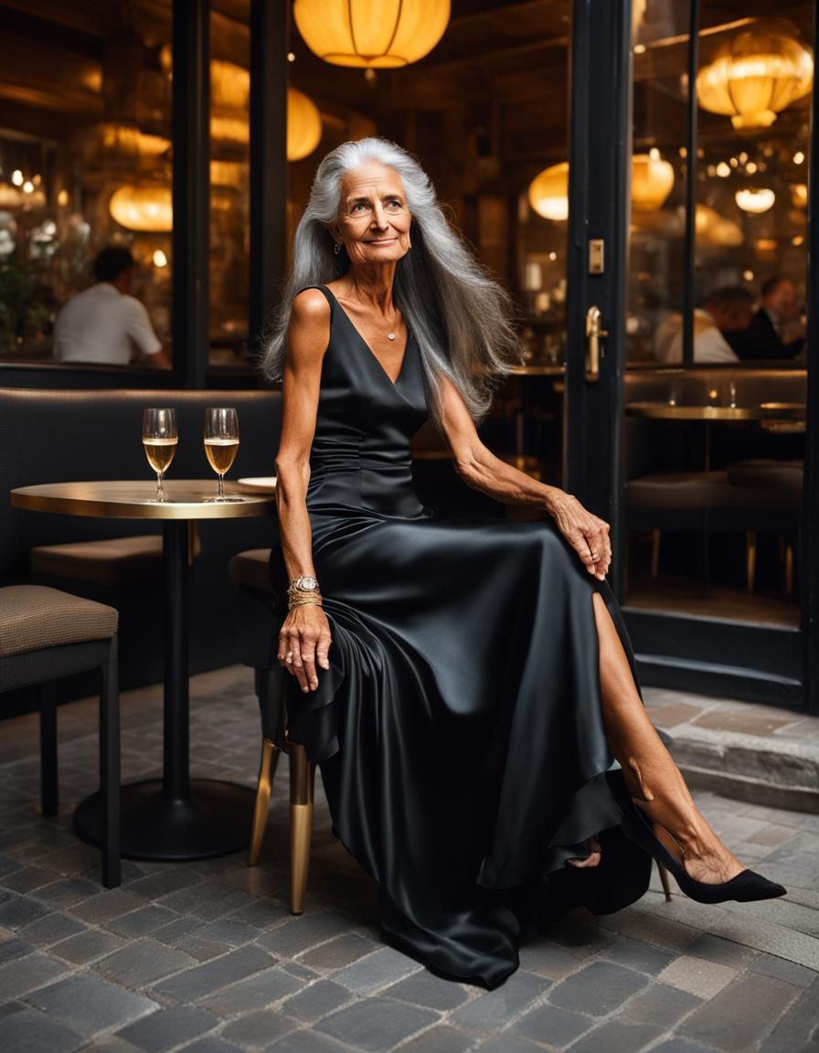 A slightly tanned Italian woman, with long gray hair, wearin...