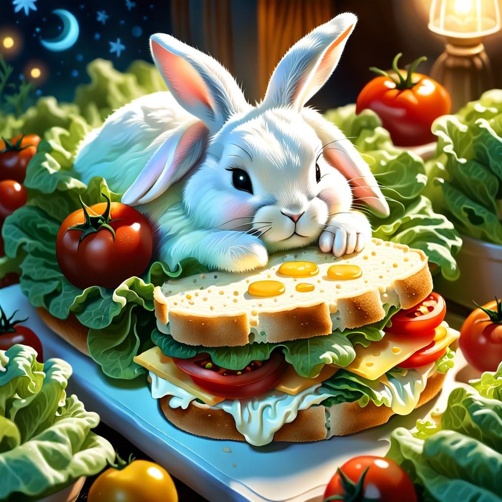 Rabbit Sleeping on Giant Sandwich: Whimsical Digital Art