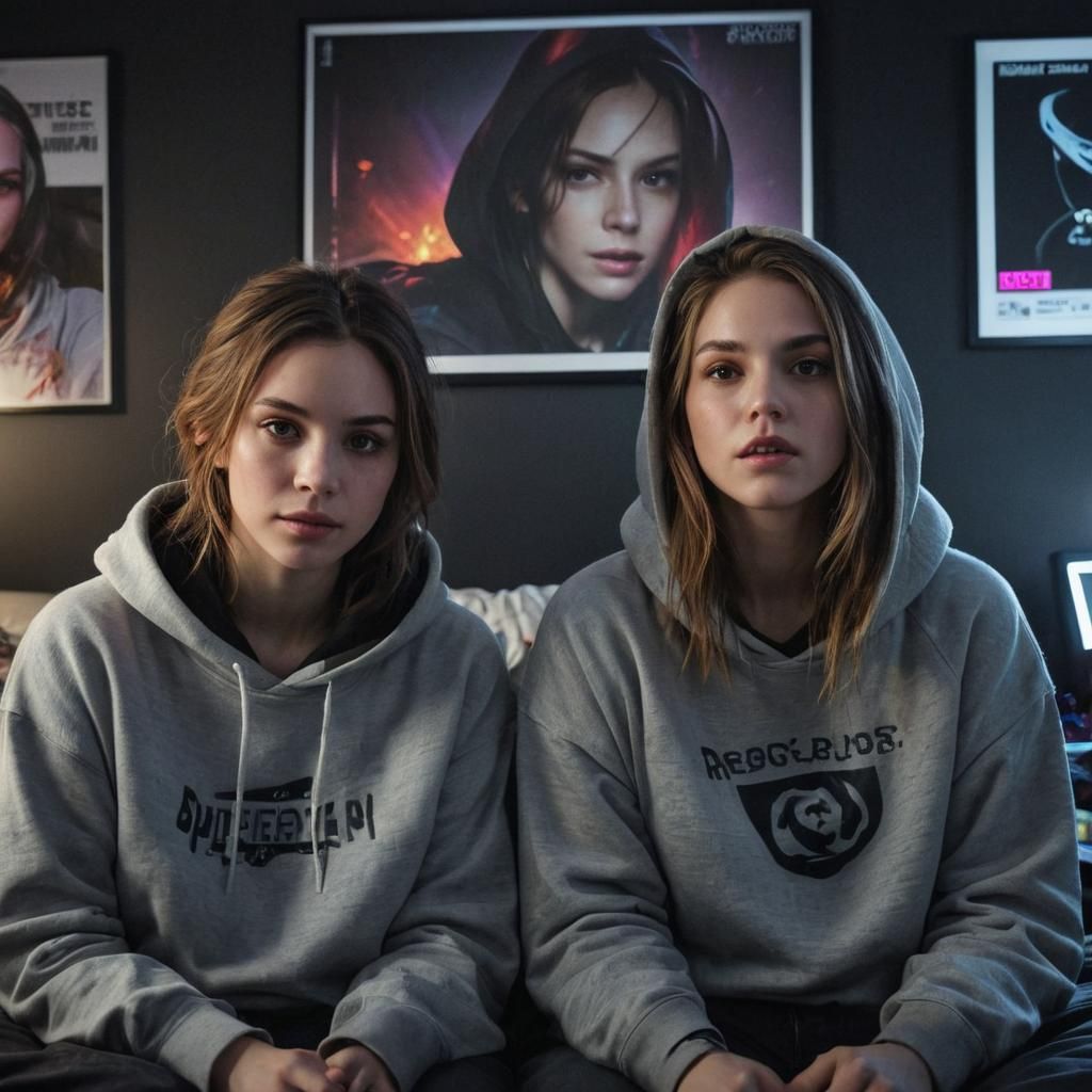 Women Gaming in Dark Room: Dynamic Lighting, Digital Art