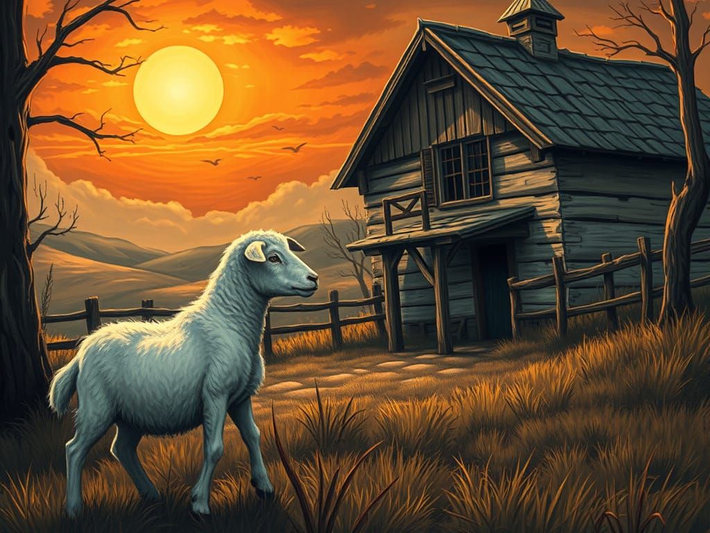 Realistic Lamb and Wolf in Farmhouse Scene