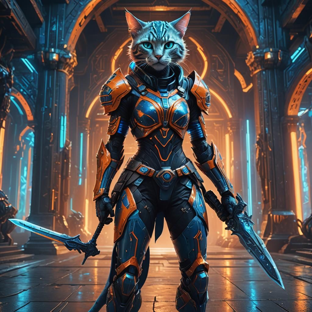 Cat Alien Swordsman in Futuristic Temple: Digital Art