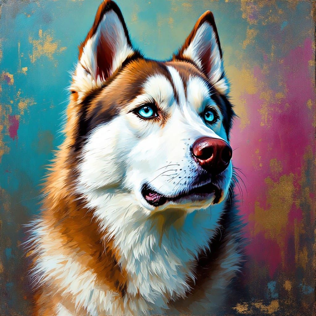 Ethereal Husky in Vibrant Oil Painting with Turquoise Backgr...