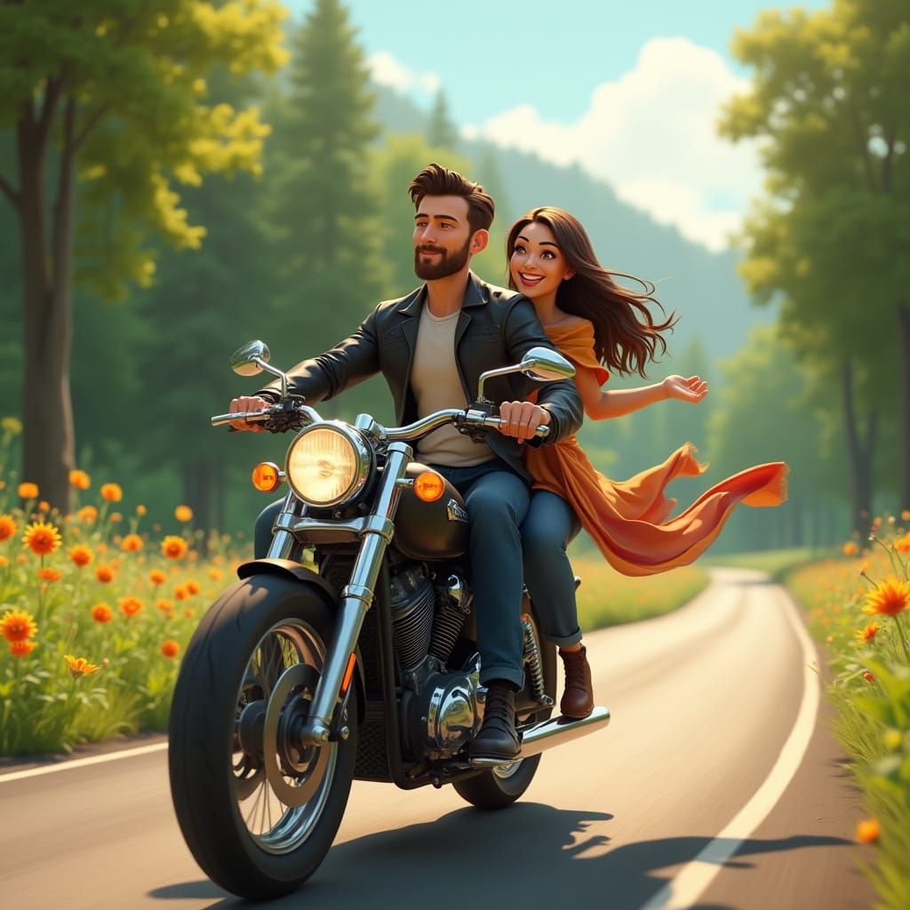 Couple Riding a Chrome Motorcycle Through Vibrant Countrysid...