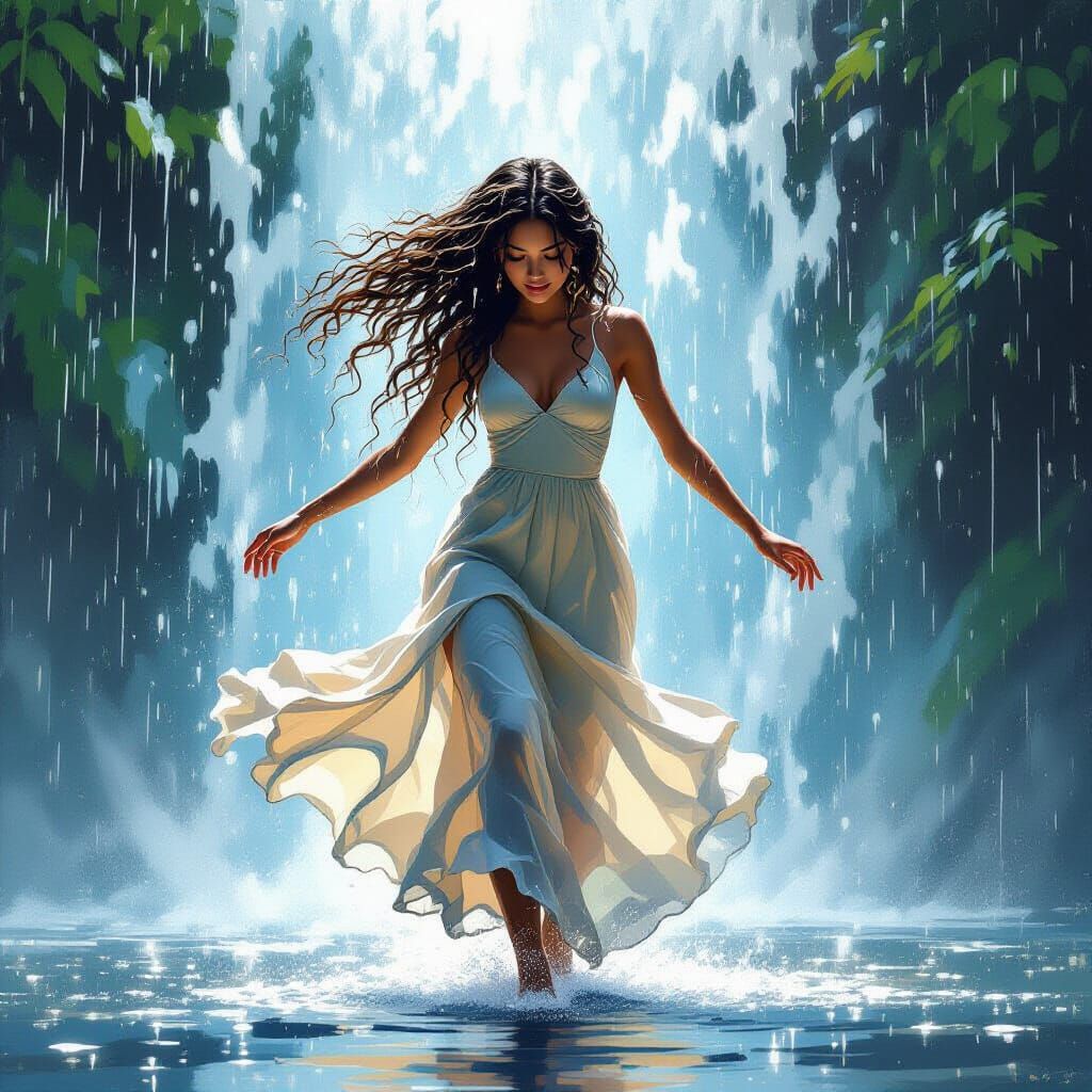 Dancing Girl Under Waterfall in Vibrant Style