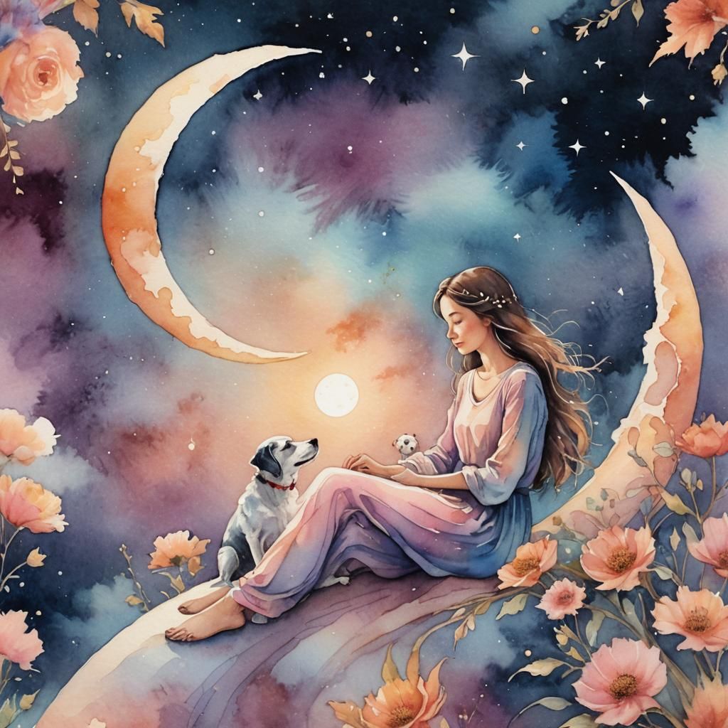 Dreamy Watercolor: Woman and Dog on Crescent Moon