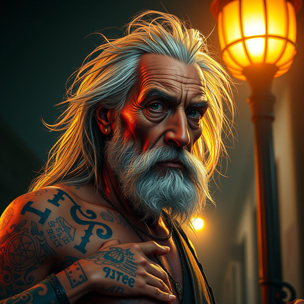 Tattooed Elder in Streetlight, Art Nouveau Portrait