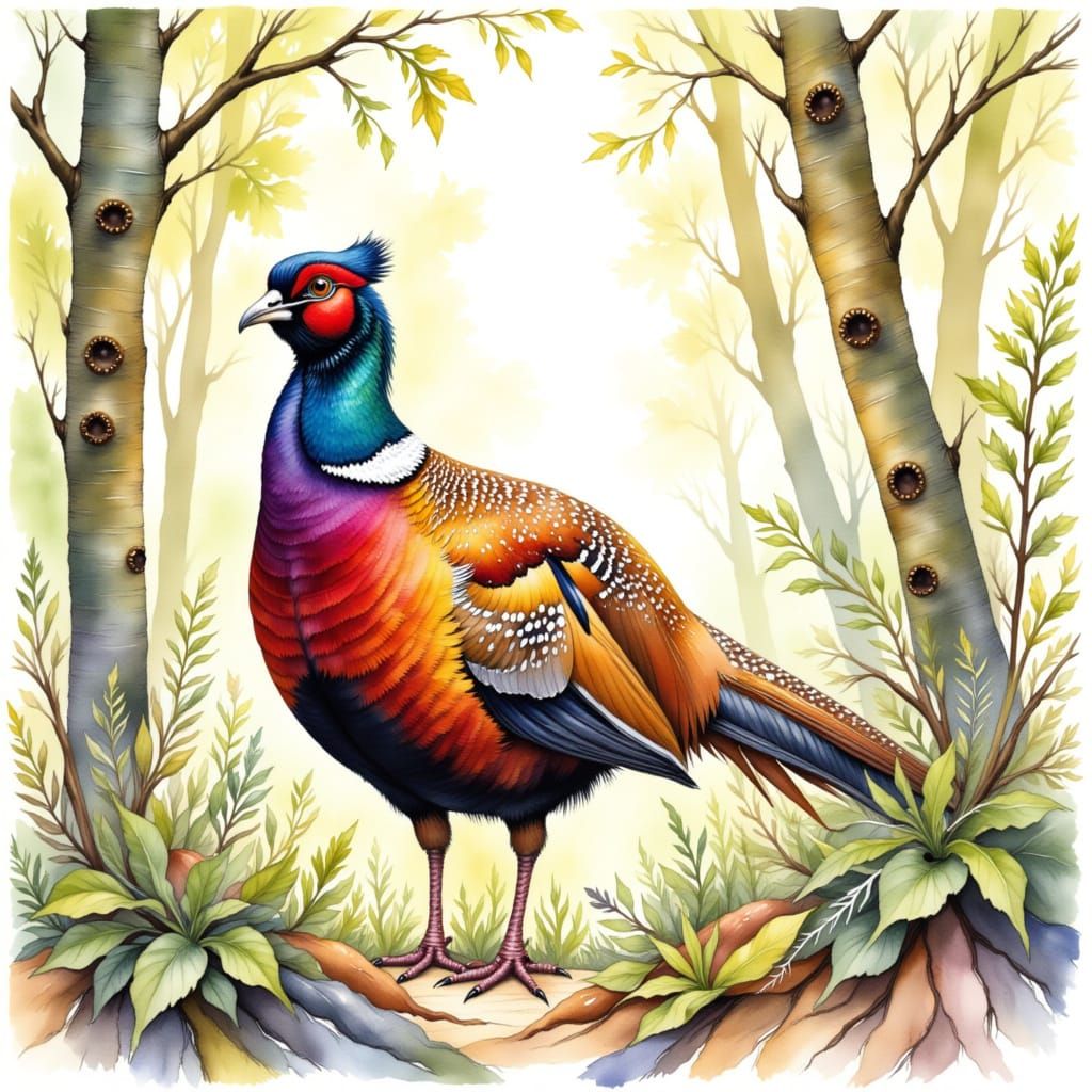 Pheasant in Woodland: Watercolour and Ink Illustration