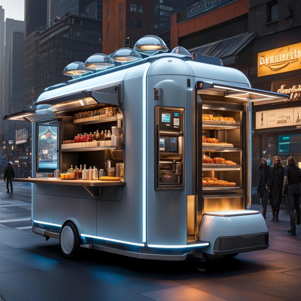 Futuristic Food Truck with Robotic Waitstaff in Cyberpunk St...
