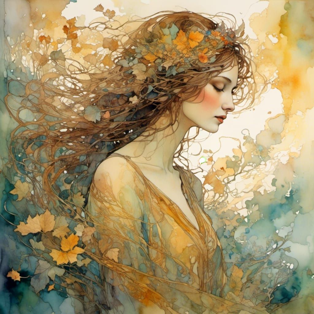 Enchanted Woman in Mystical Forest, Golden Light