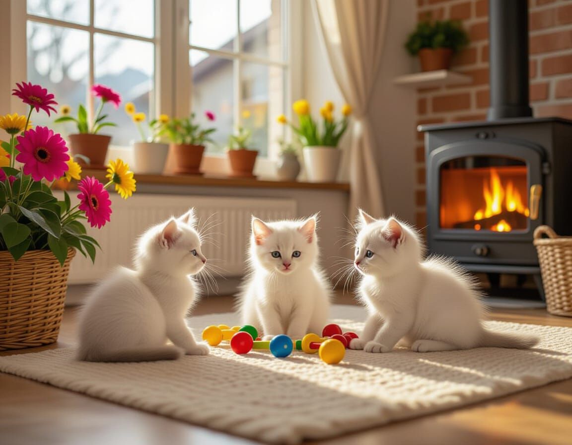 Kittens Play in Cozy Modern Flat, Cinematic Style