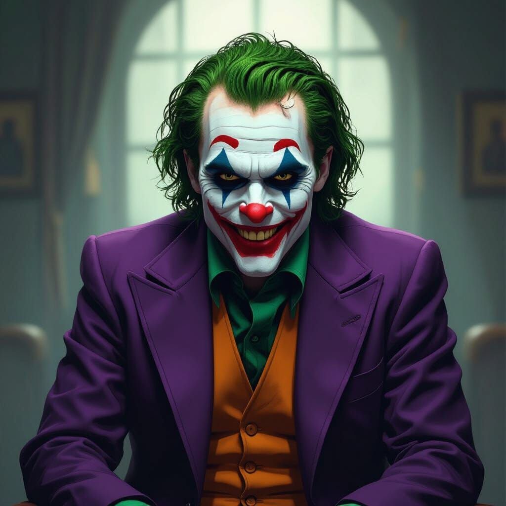 The Joker's Sinister Grin in Dimly Lit Room