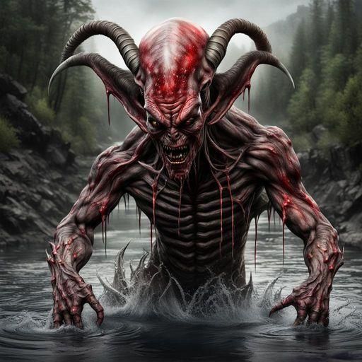 An alien, evil, ugly, red veined, horns on head wading through river.
