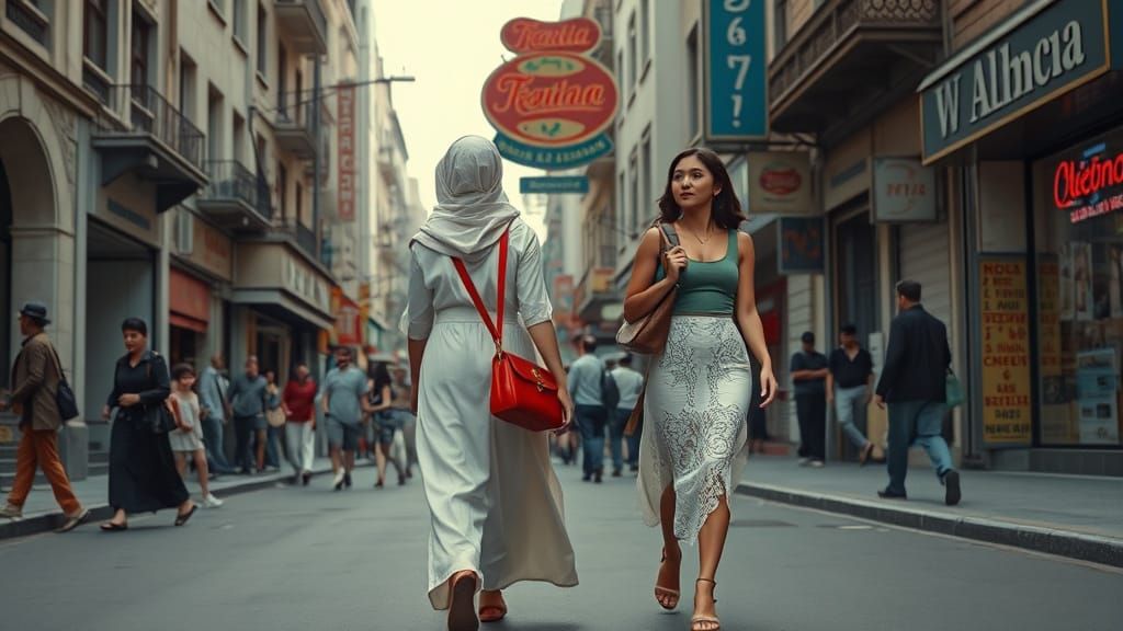Algerian Women in 1970s Cityscape: Retro Illustration