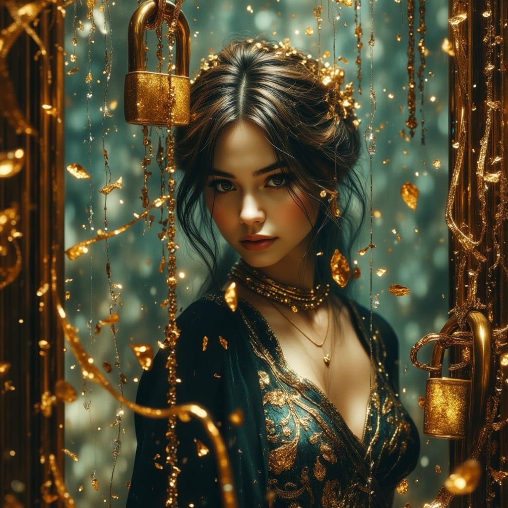 Surreal Portrait of Woman with Lock and Chain