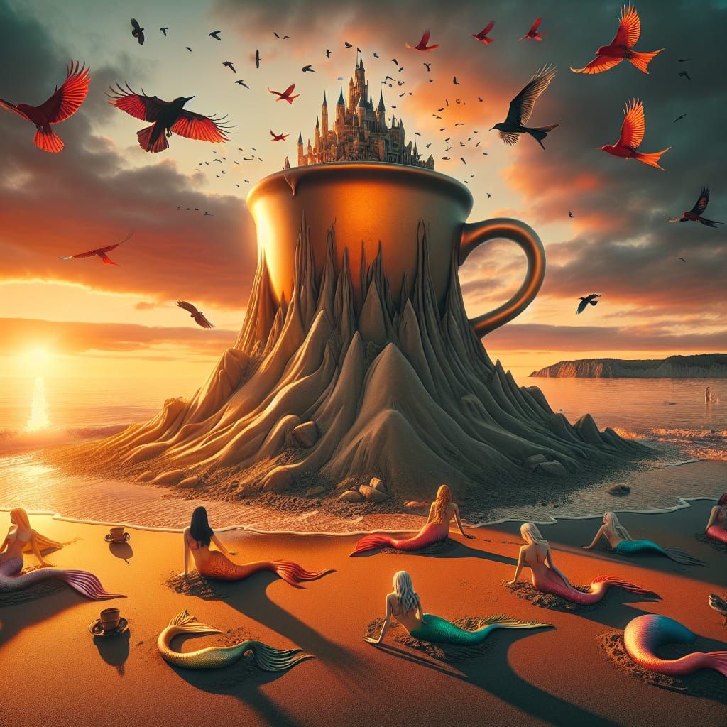 Golden Coffee Cup Sandcastle at Sunset