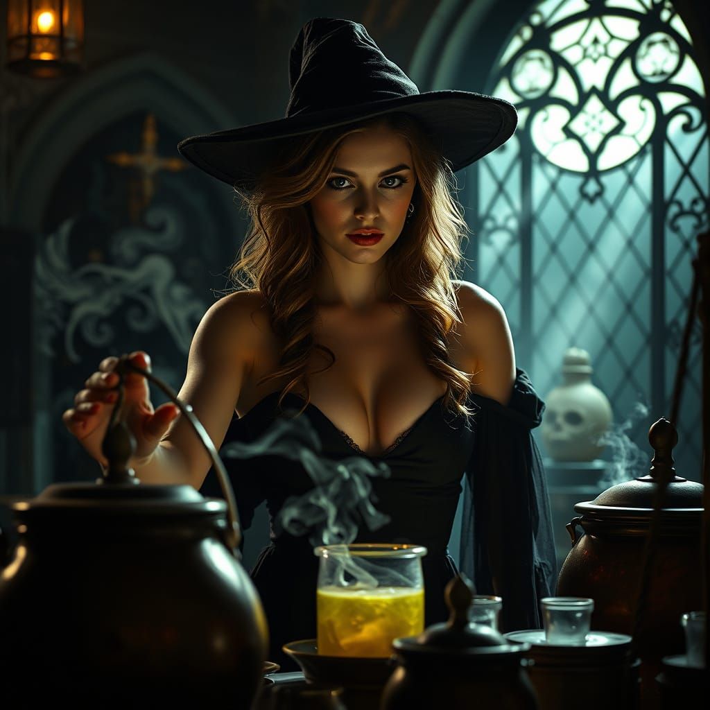 Mystical Witch Brewing Potion in Gothic Laboratory