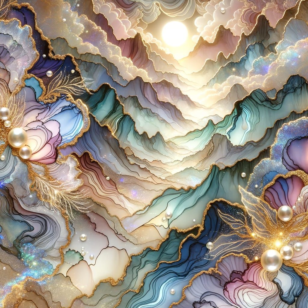 Moonlit Mountain Ridge in Iridescent Alcohol Ink