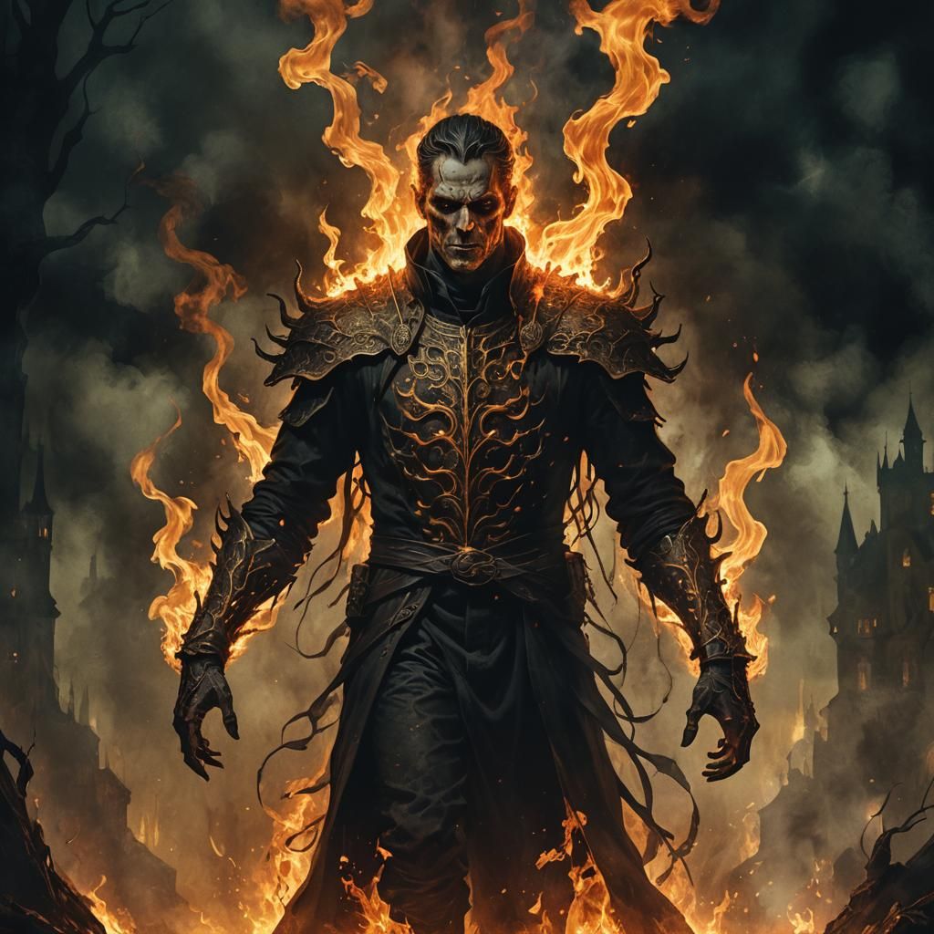 Fiery Man in Dark Fantasy Illustration