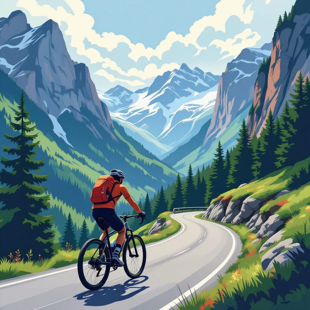 Cyclist on Mountain Path in Stylized Landscape