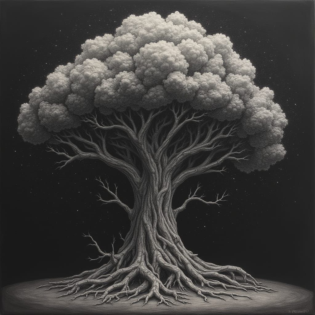Galaxy Tree Charcoal Drawing in Futuristic Style