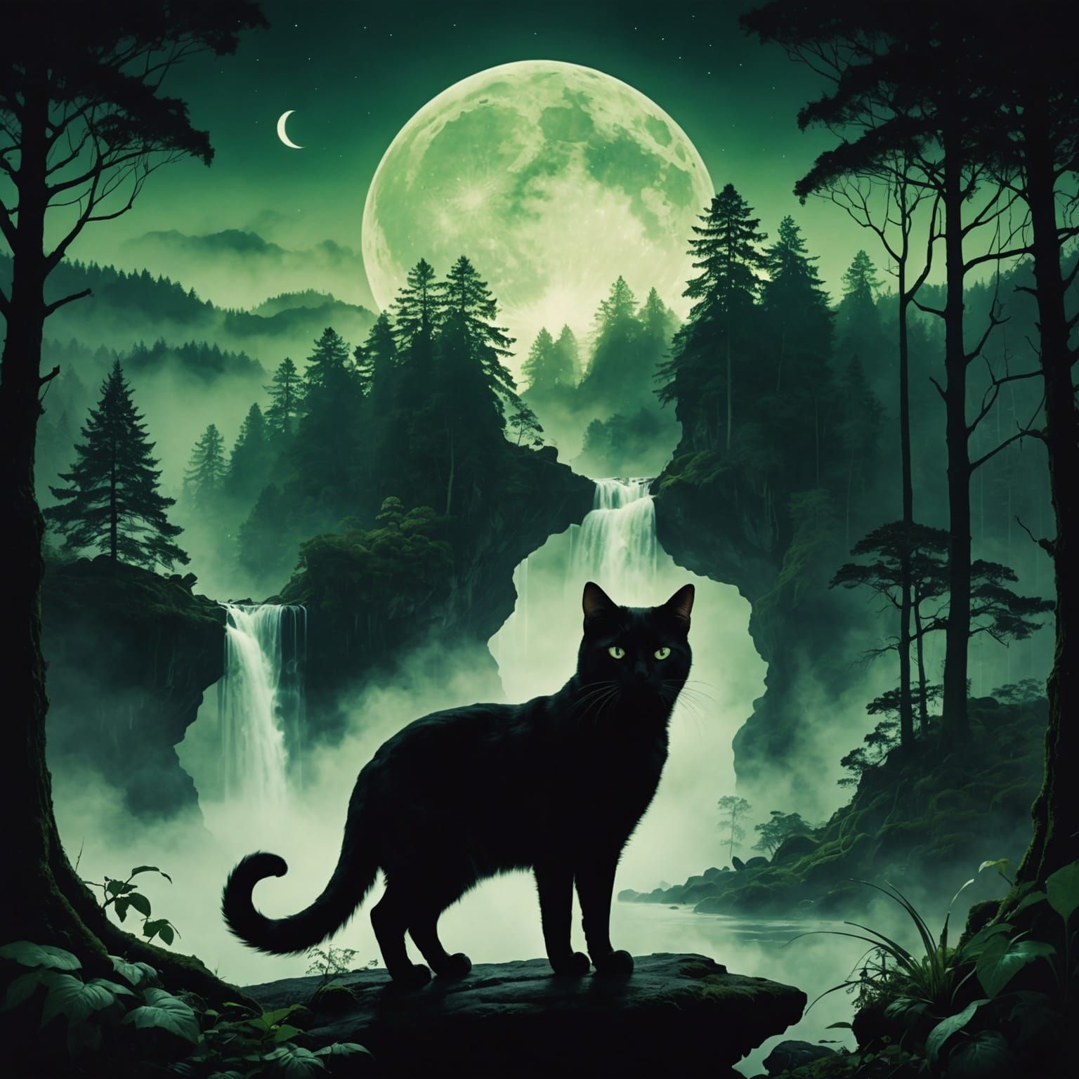 Mystical Landscape Inside Cat Silhouette, Surreal Image