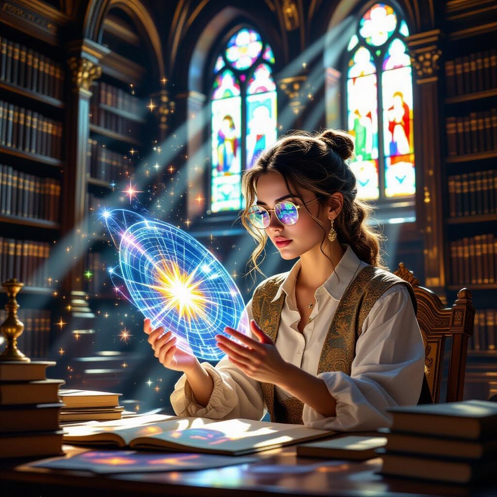 Woman Studies Holographic Stars in Ancient Library