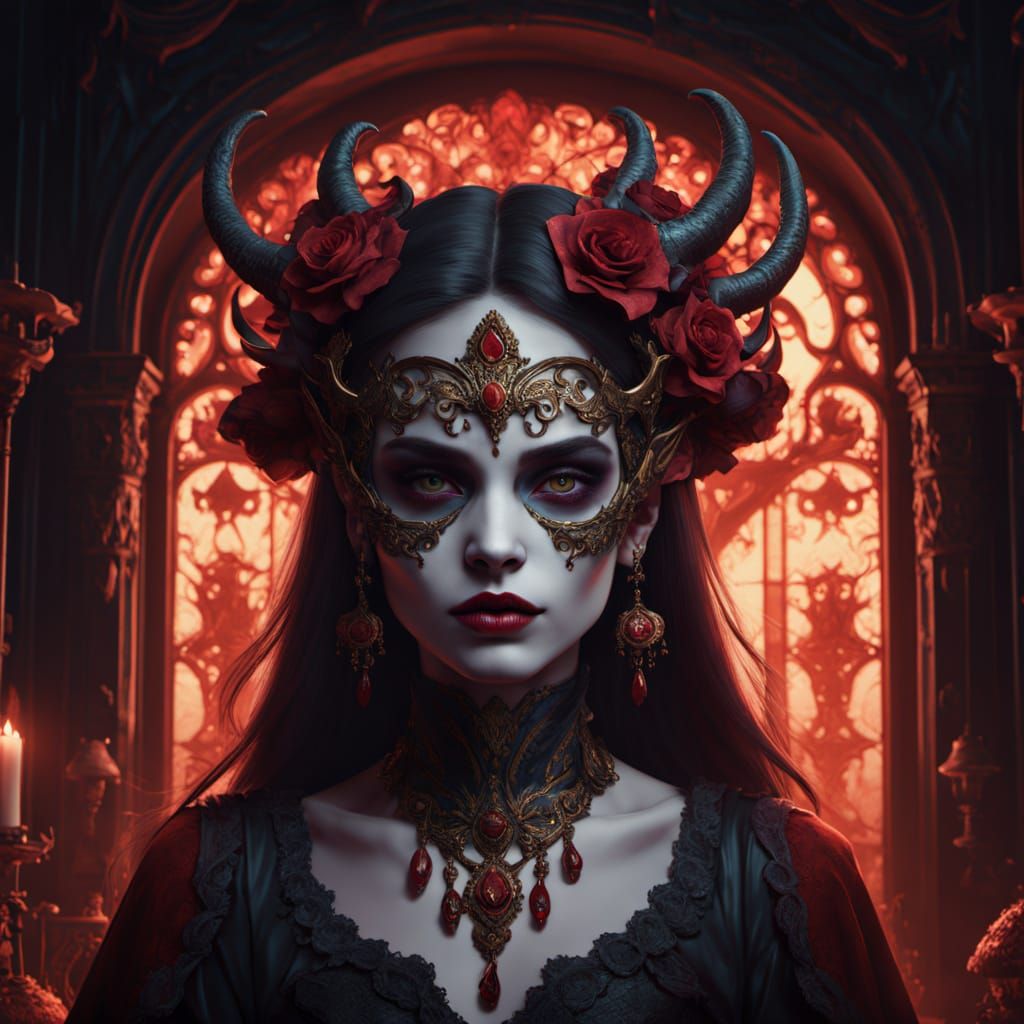Dark Vampire Queen at Masquerade Ball in Matte Painting Styl...