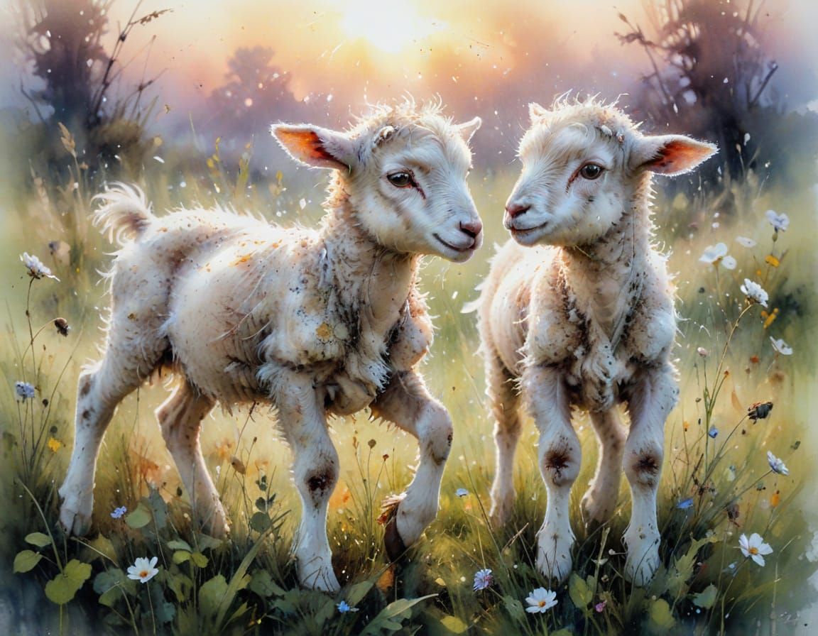 Lambs Frolicking at Dawn in Watercolor Style