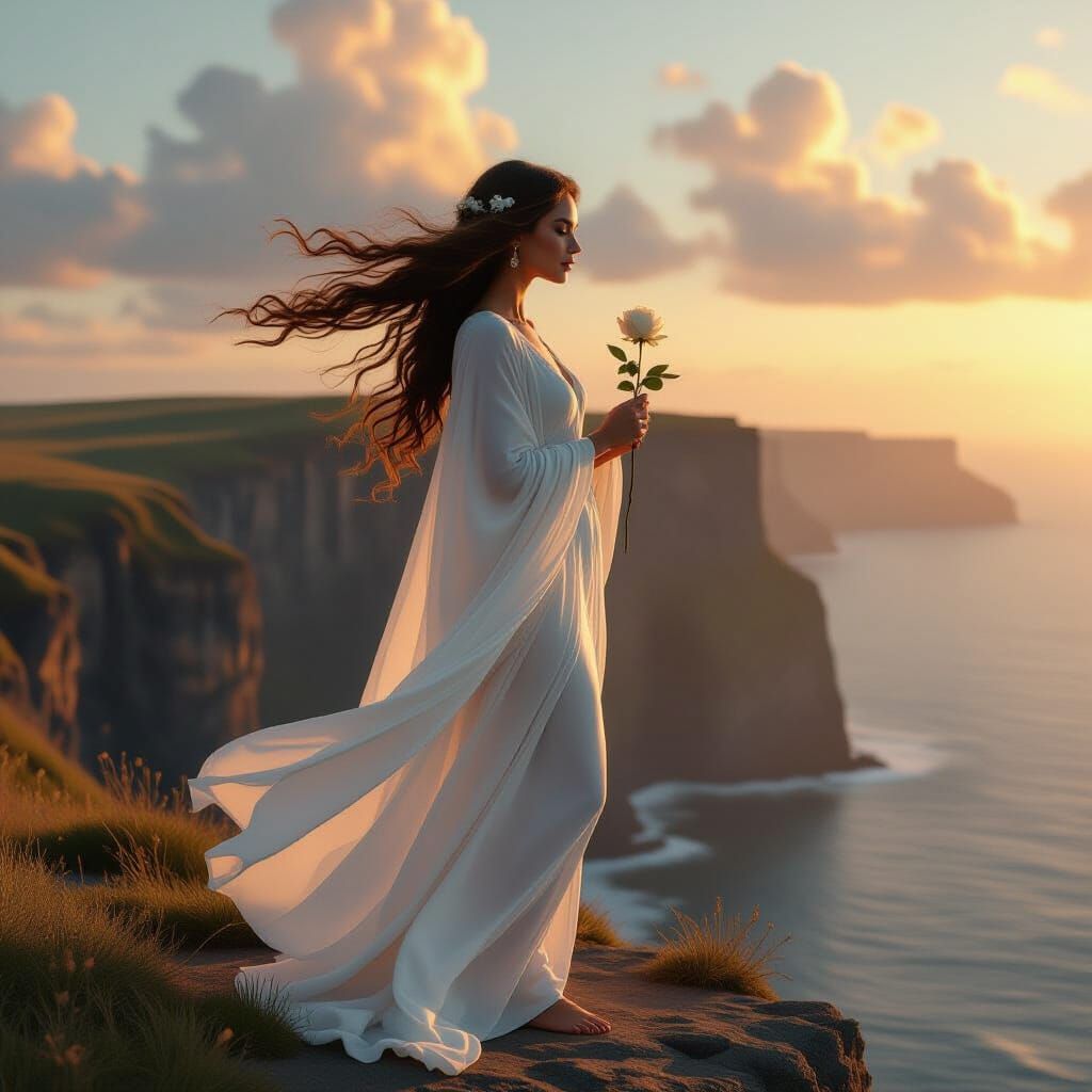 Divine Feminine Figure at Cliff's Edge in Mystic Style