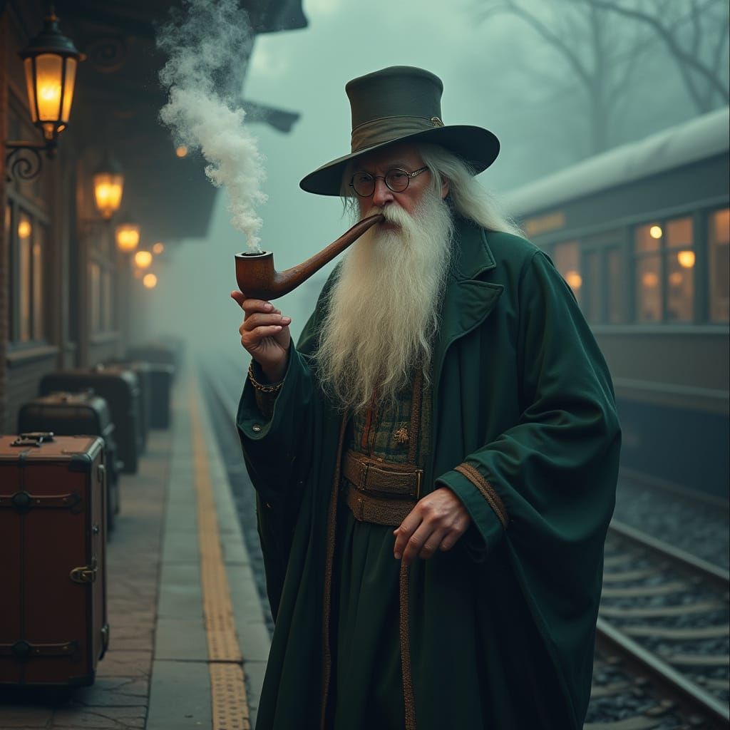 Magical Wizard Albus Dumbledore in Whimsical Train Station S...