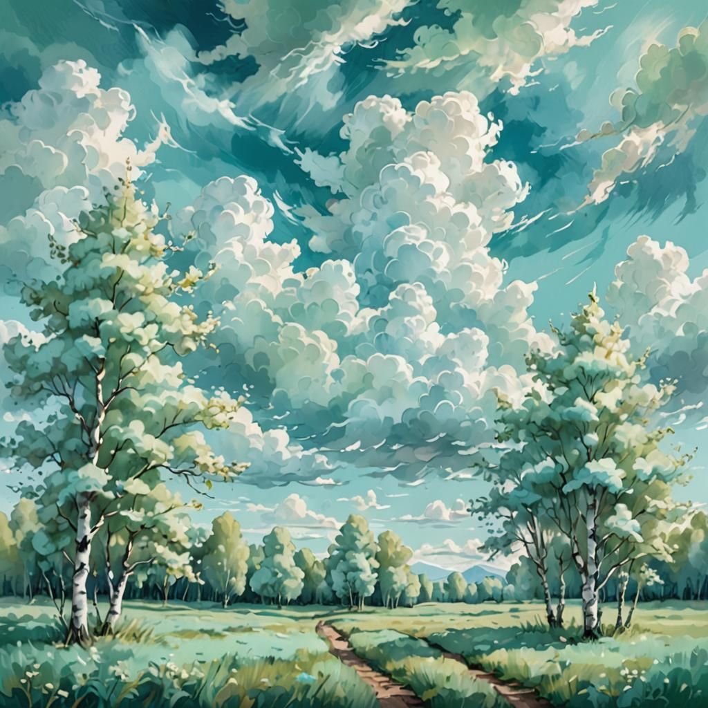 Mint Fields Under Blue Skies: A Digital Painting