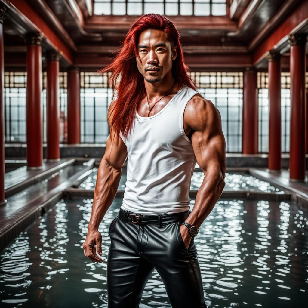 Hyperrealistic Asian Man in Bathhouse with Red Hair