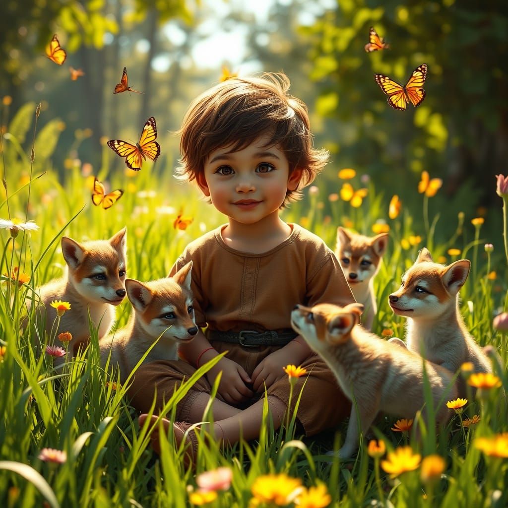 Whimsical Springtime Scene with Child and Wolf Cubs