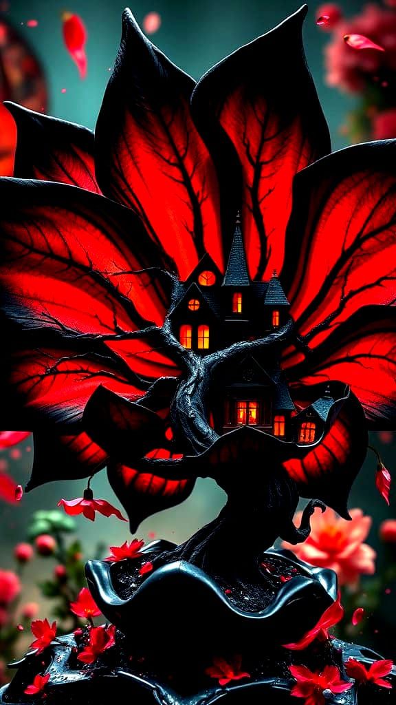 Surreal Dreamscape Within a Haunting Black Blossom