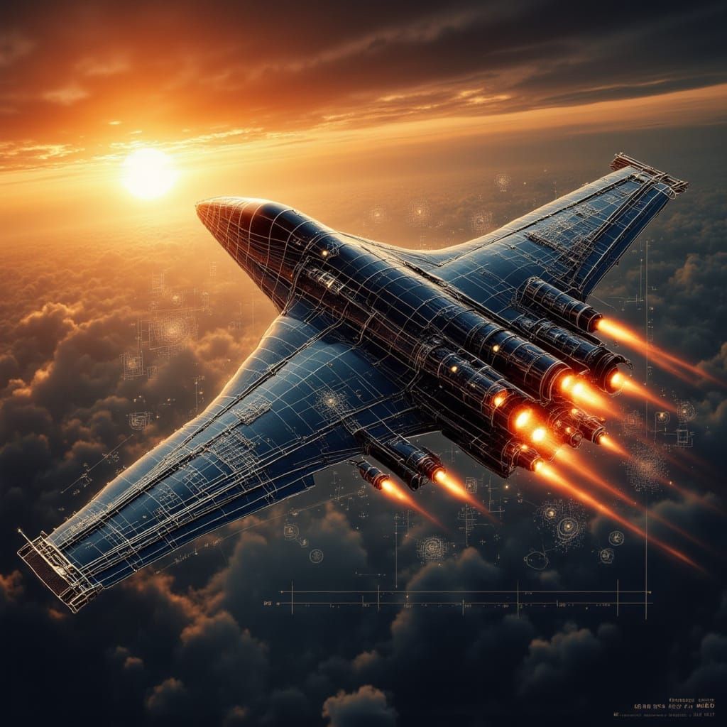 Advanced Stealth Fighter Jet with Blueprint Overlays